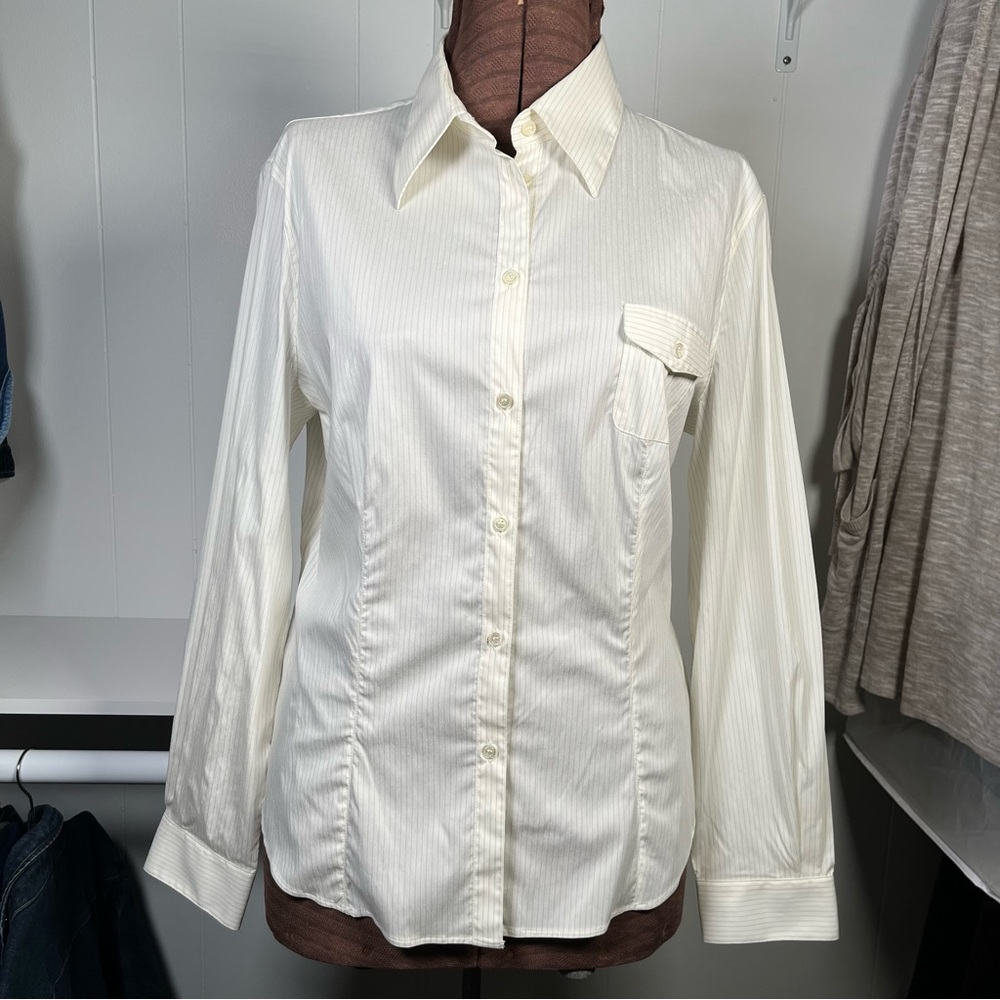 Armani Ivory Striped Button Front Tailored Shirt MOP Buttons Size 14